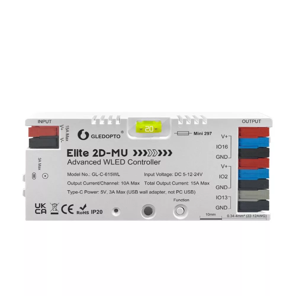 Gledopto Elite 2D-MU Advanced WLED Controller – Dvoukanálový RGBIC LED Controller s mikrofonem, ESP32, Wi-Fi (GL-C-615WL)