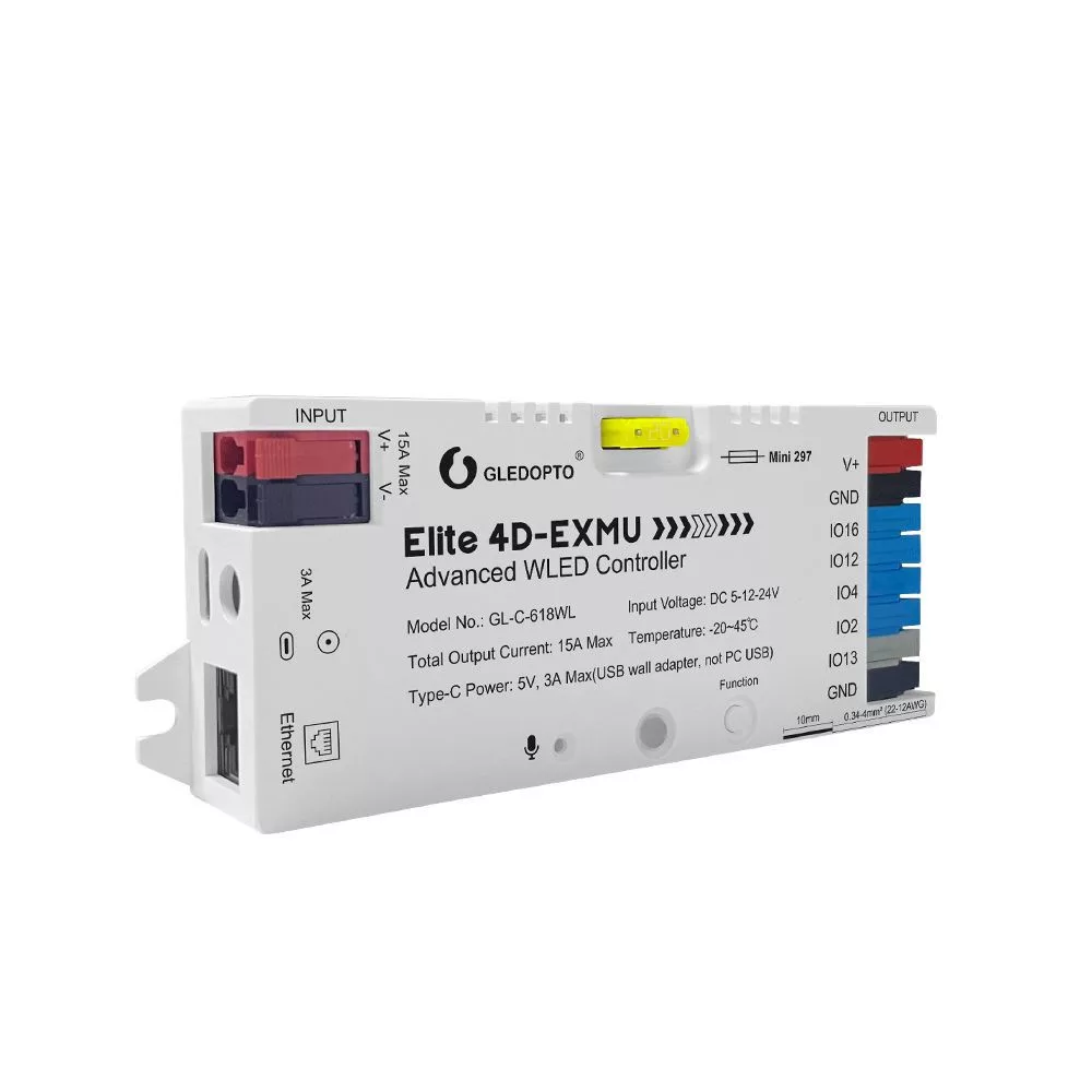 Gledopto Elite 4D-EXMU Advanced WLED Controller – Čtyřkanálový RGBIC LED Controller s mikrofonem, ESP32, Wi-Fi, Ethernet (GL-C-618WL)