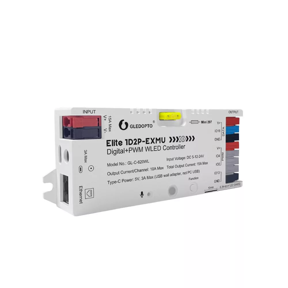 Gledopto Elite 1D2P-EXMU digitální + PWM WLED ovladač – čtyřkanálový RGBIC LED ovladač s mikrofonem, ESP32, Wi-Fi, Ethernet (GL-C-620WL)